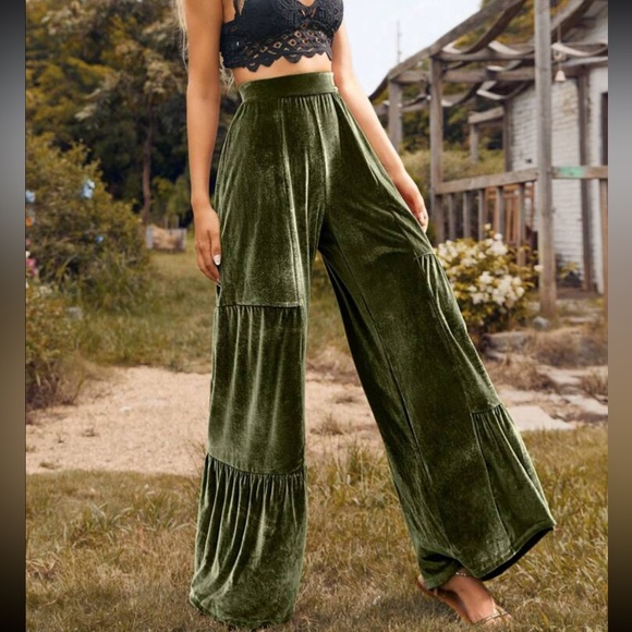 Luxe Velvet Wide Leg Palazzo Pants Green - Picture 2 of 5